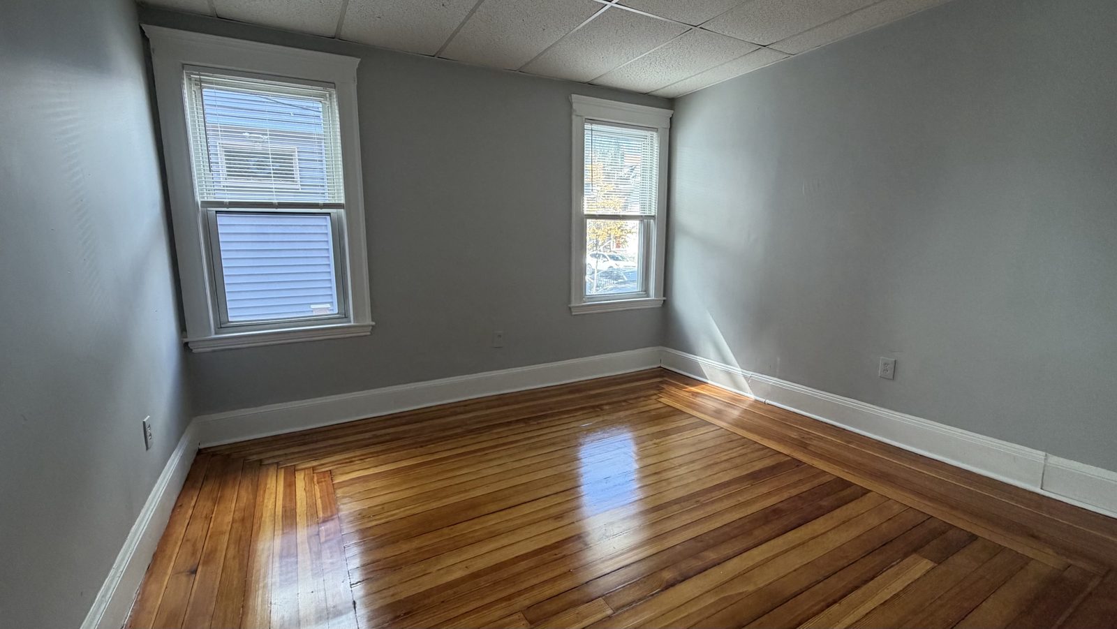 Corner bedroom with two windows and hardwood floors